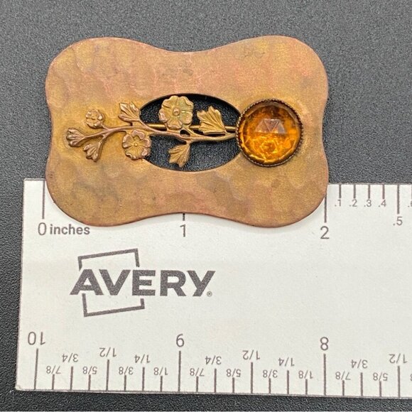 Antique Art Nouveau Brass Thistle Brooch with Citrine Colored Cabochon - Picture 3 of 11